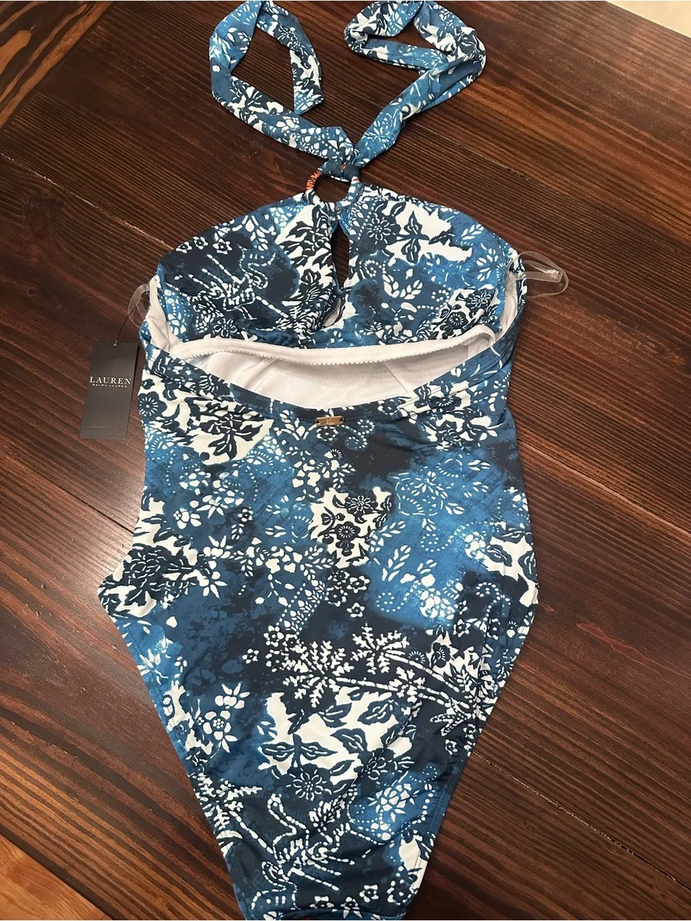 Lauren Ralph Lauren Blue and White Floral Halter One-Piece Swimsuit